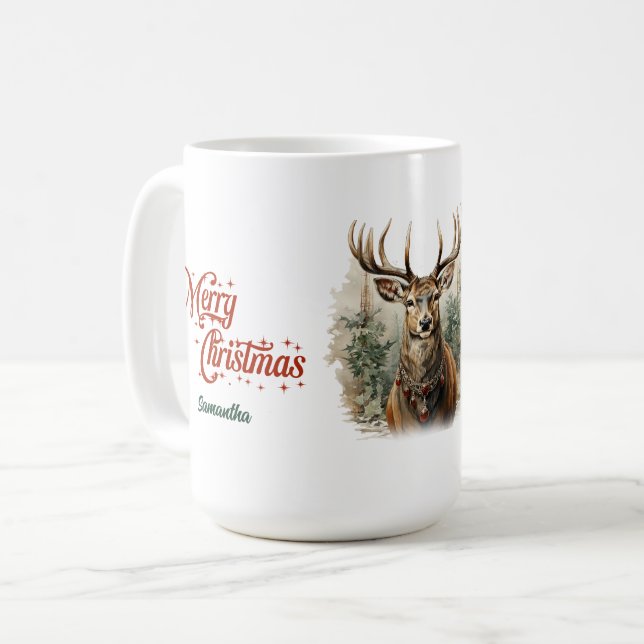 Whimsical vintage illustration reindeer moss green coffee mug (Front Left)