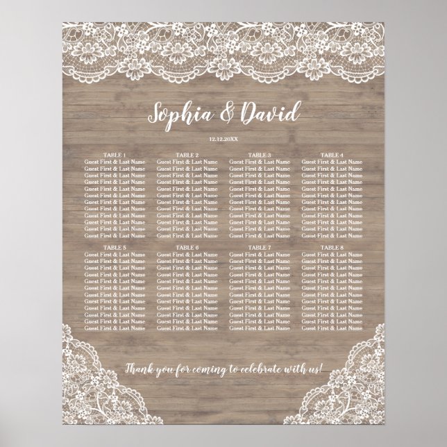 Whimsical Vintage Lace Wood Wedding Seating Chart (Front)