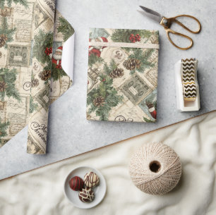 Whimsical Vintage Red Green Traditional Christmas Wrapping Paper