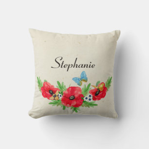 Whimsical Vintage Red Poppy Watercolor With Name Throw Pillow