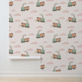 Whimsical Vintage Steam Engine Seamless Pattern Wallpaper