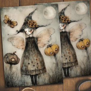 Whimsical Vintage Witch and Pumpkins Decoupage Tissue Paper