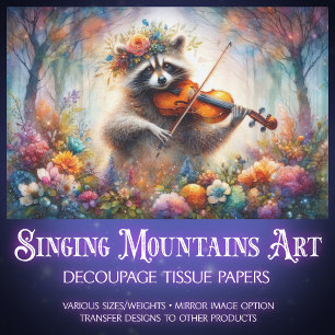 Whimsical Violinist Raccoon Wildflowers Decoupage  Tissue Paper
