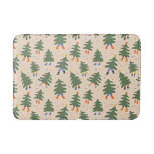 Whimsical Walking Christmas Trees Pattern Bath Mat