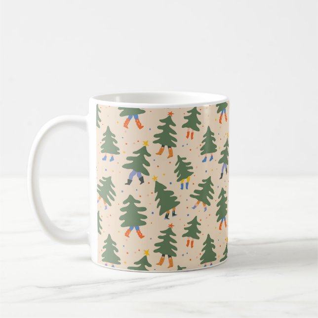 Whimsical Walking Christmas Trees Pattern Coffee Mug (Left)
