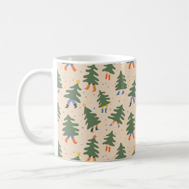 Whimsical Walking Christmas Trees Pattern Coffee Mug (Left)