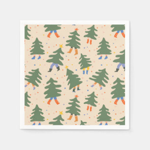 Whimsical Walking Christmas Trees Pattern Napkin