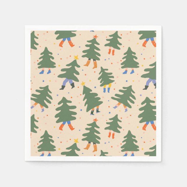 Whimsical Walking Christmas Trees Pattern Napkin (Front)