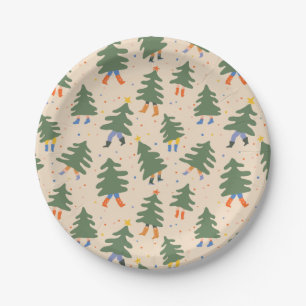 Whimsical Walking Christmas Trees Pattern Paper Plate