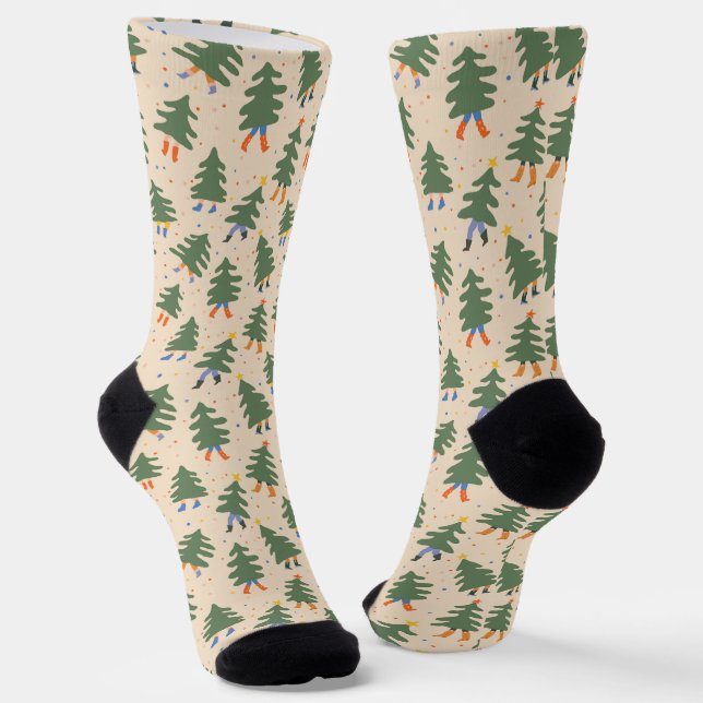Whimsical Walking Christmas Trees Pattern Socks (Angled)