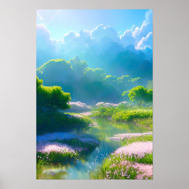 Whimsical Wanderlust, Fields of Green and Pink Poster (Front)