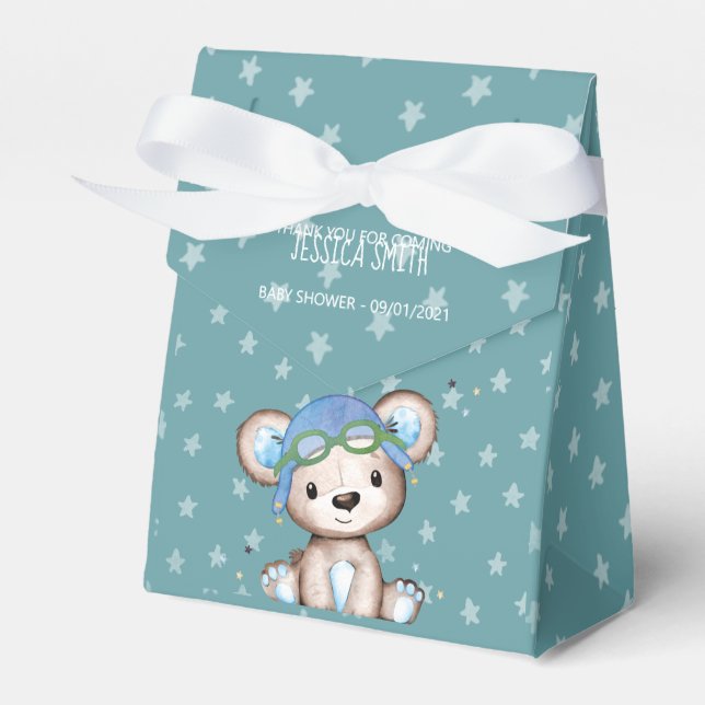 Whimsical Watercolor Airplane Pilot Teddy Bear Favor Box (Front Side)
