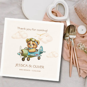 Whimsical Watercolor Airplane Pilot Teddy Bear Napkin