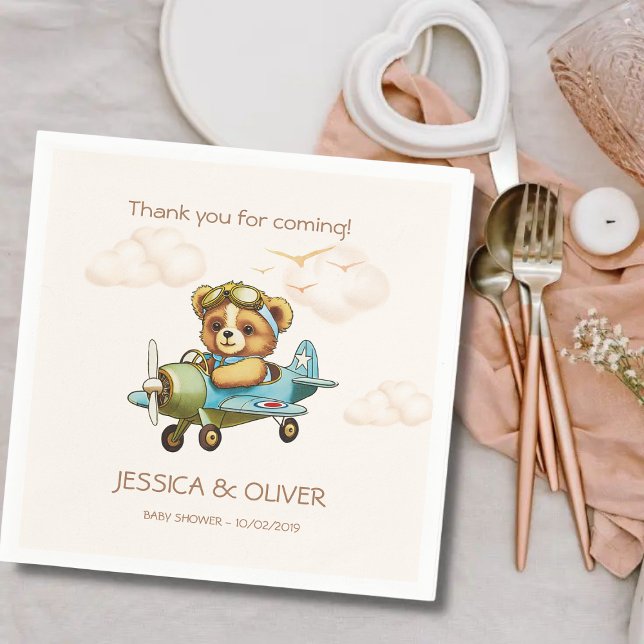 Whimsical Watercolor Airplane Pilot Teddy Bear  Napkin (Creator Uploaded)