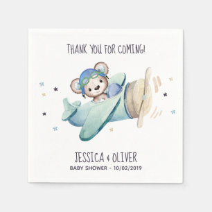 Whimsical Watercolor Airplane Pilot Teddy Bear Napkin