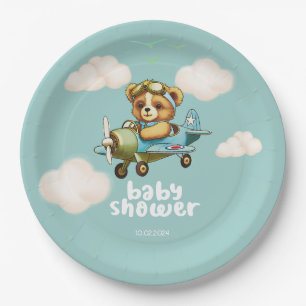 Whimsical Watercolor Airplane Pilot Teddy Bear  Paper Plate
