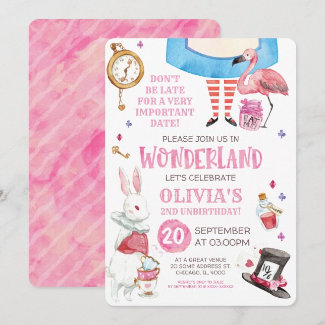 Whimsical Watercolor Alice in Wonderland Birthday Invitation (Front/Back)