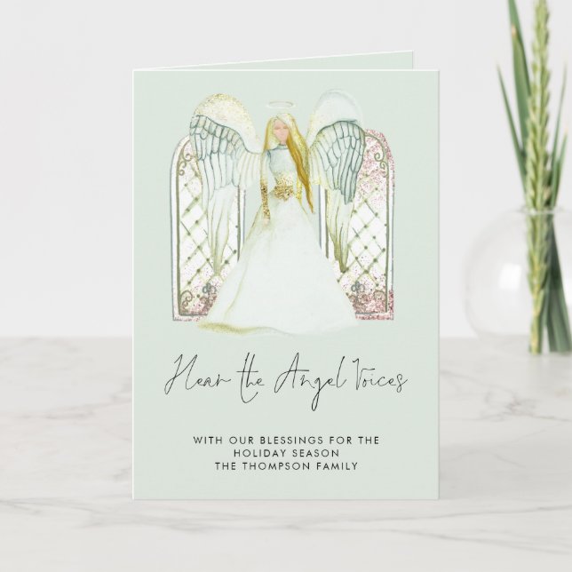 Whimsical Watercolor Angel Voices Lyrics Script Holiday Card (Front)