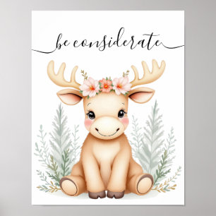 Whimsical Watercolor Baby Moose Woodland Nursery Poster