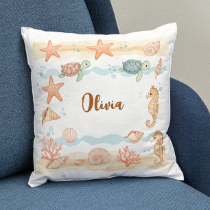 Whimsical Watercolor Baby Sea Creatures Throw Pillow
