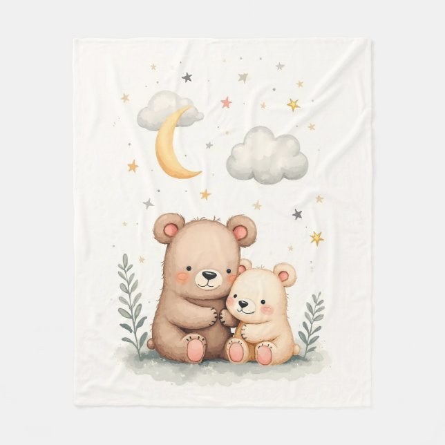 Whimsical Watercolor Bear Nursery Illustration Fleece Blanket (Front)