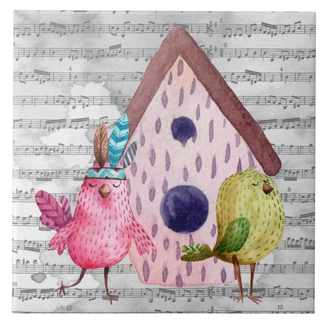 Whimsical Watercolor Birds and Music Tile (Front)