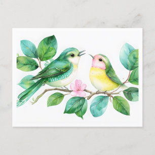 Whimsical Watercolor Birds on Leafy Branch Postcard
