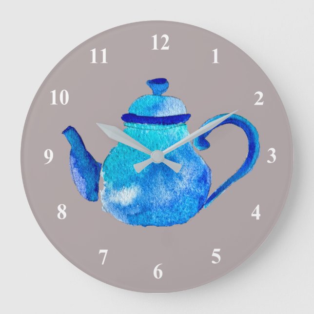 Whimsical watercolor blue teapot large clock (Front)