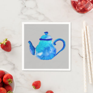 Whimsical watercolor blue teapot napkin