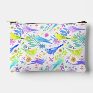 Whimsical Watercolor Budgie Parakeets Accessory Pouch