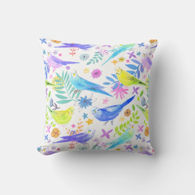 Whimsical Watercolor Budgie Parakeets Throw Pillow (Front)