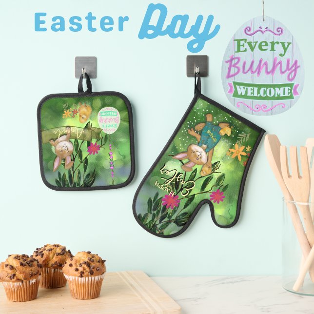 Whimsical Watercolor Bunny  Oven Mitt & Pot Holder Set (Whimsical Watercolor Bunny Oven Mitt & Pot Holder Set)