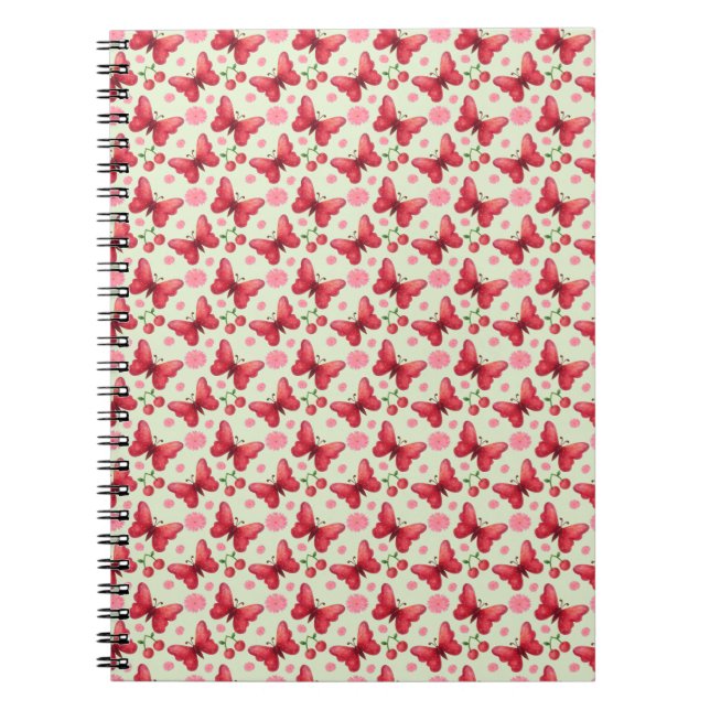 Whimsical Watercolor Butterfly and Cherry Pattern Notebook (Front)