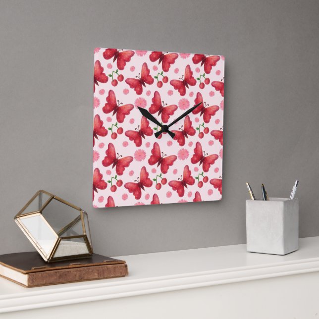 Whimsical Watercolor Butterfly and Cherry Pattern Square Wall Clock (Office)