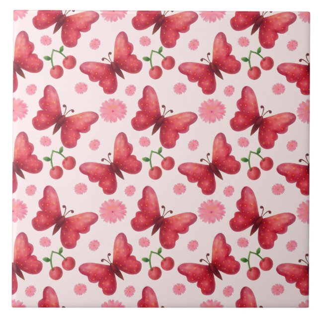 Whimsical Watercolor Butterfly and Cherry Pattern Tile (Front)