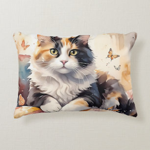 Whimsical Watercolor Calico Cat and Butterflies Accent Pillow