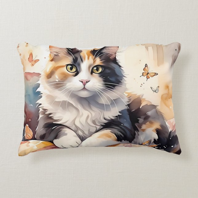 Whimsical Watercolor Calico Cat and Butterflies Accent Pillow (Front)