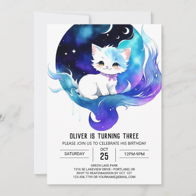 Whimsical Watercolor Cat Birthday Invitation (Front)