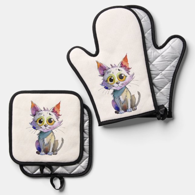 Whimsical Watercolor Cat Oven Mitt & Pot Holder Set (Front/Back)