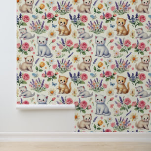 Whimsical Watercolor Cats and Flowers Wallpaper