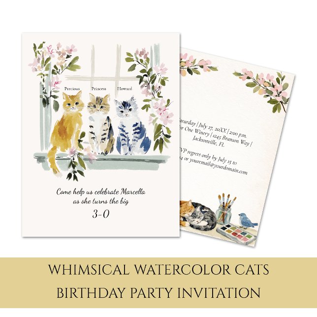 Whimsical Watercolor Cats Birthday Party | Invitation (Creator Uploaded)