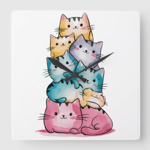 Whimsical Watercolor Cats Modern Wall Clock