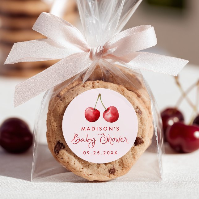 Whimsical Watercolor Cherry Baby Shower Classic Round Sticker (Creator Uploaded)