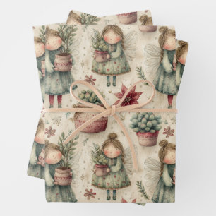 Whimsical Watercolor Christmas Fairy Garden Gift Wrapping Paper Sheet