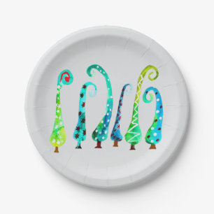 Whimsical watercolor christmas trees paper plate