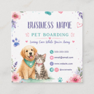 Whimsical Watercolor Custom Pet Boarding Floral Square Business Card