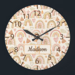 Whimsical Watercolor Earthy Boho Rainbows Name Large Clock<br><div class="desc">Customizable monogram and name wall clock personalized gift with a pattern of watercolor painted modern boho rainbows in earthy neutral and terracotta tones.</div>