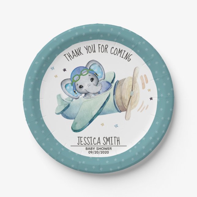 Whimsical Watercolor Elephant Airplane Baby Shower Paper Plate (Front)