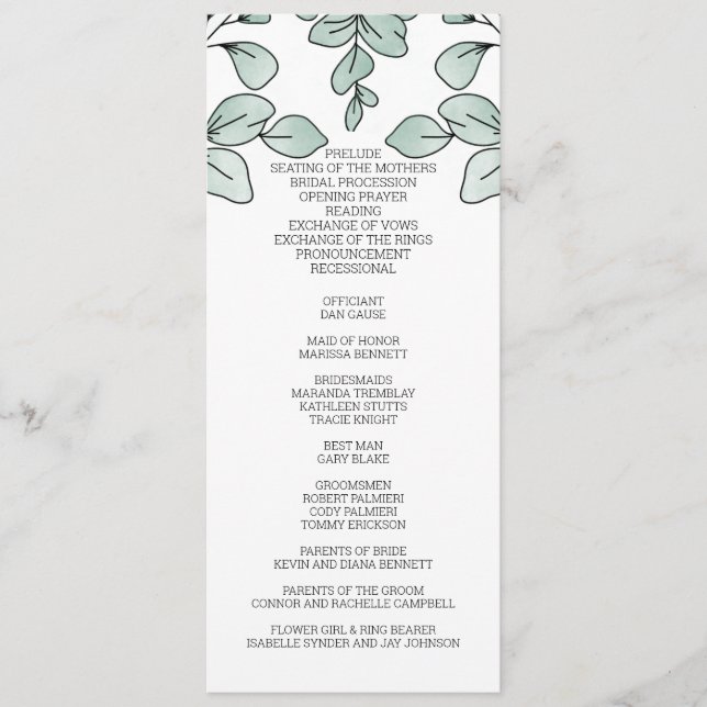 Whimsical Watercolor Eucalyptus Wedding Program (Front)