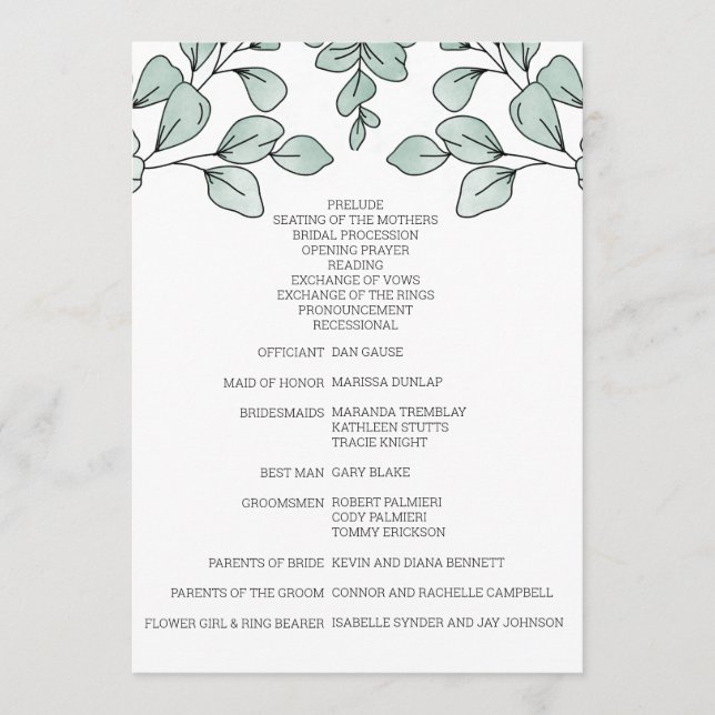 Whimsical Watercolor Eucalyptus Wedding Program (Front)